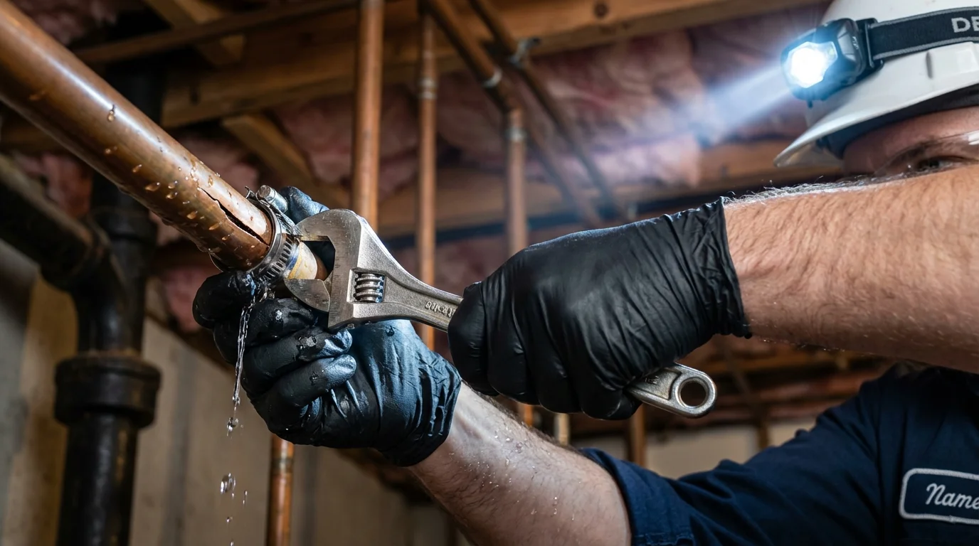 Emergency pipe clamp repair being performed by a Johns Plumbing LLC plumber in Jasper