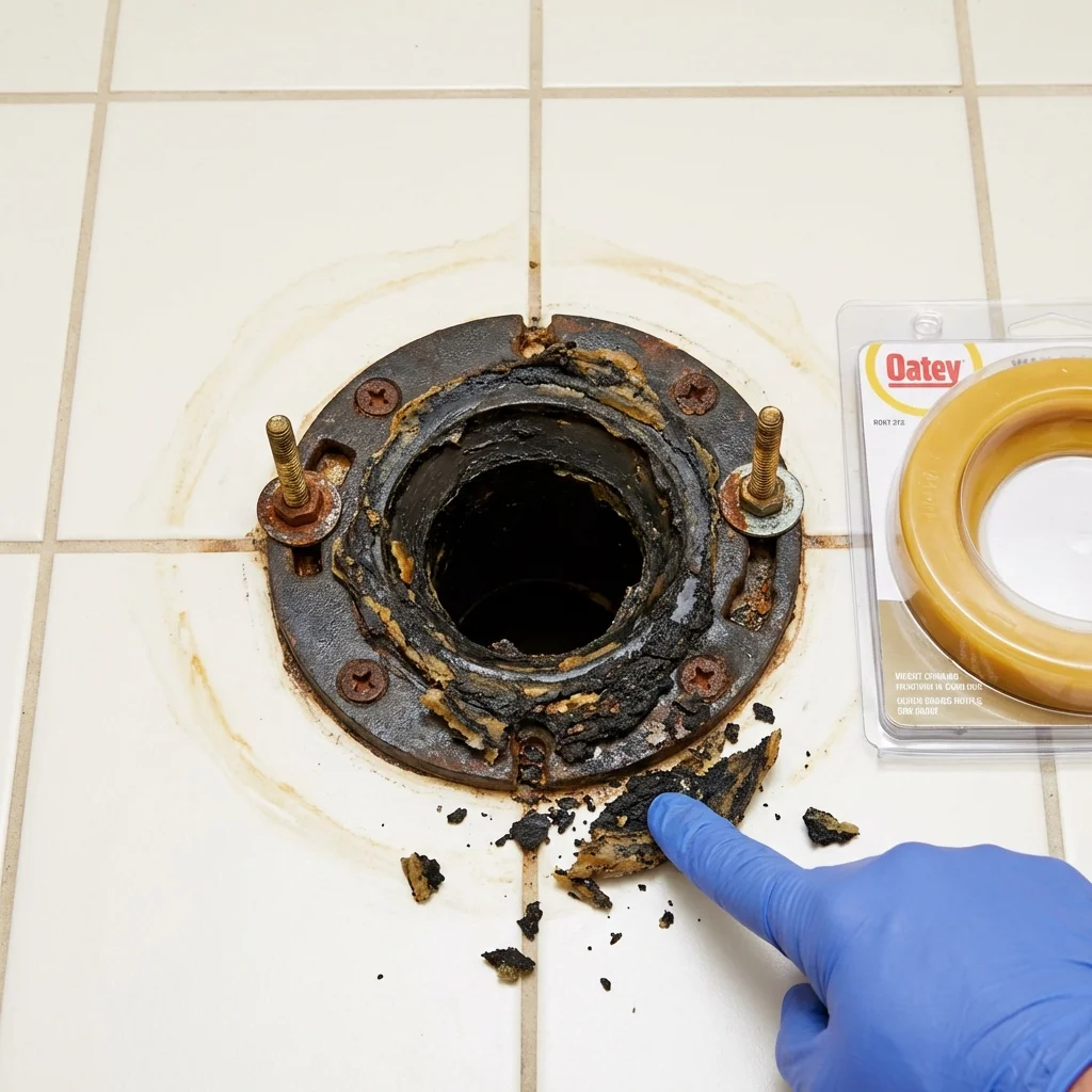 Failed wax ring showing water seepage at the base of a toilet in a Jasper, IN home