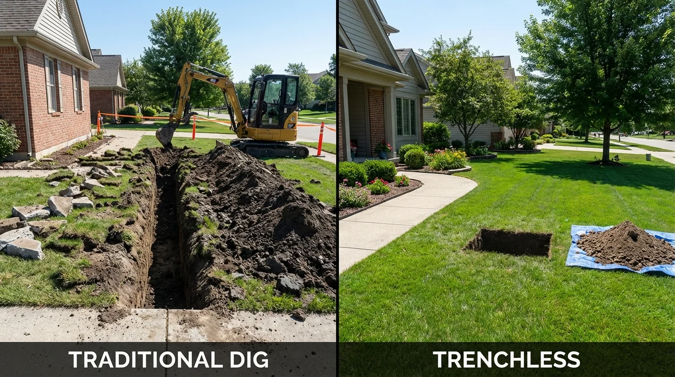 Trenchless sewer repair with minimal yard damage versus traditional excavation in Jasper, IN