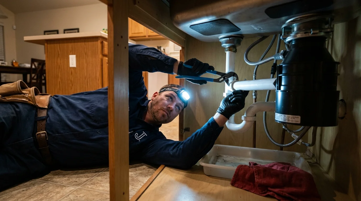 P-trap and supply line connections under a kitchen sink showing a common leak point in Jasper, IN